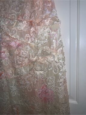 Elegant Cream and Pink Floral Lace Prom Dress